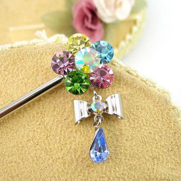 Flower Swarovski Crystal Hair Stick with Bow Tassel 5.35"